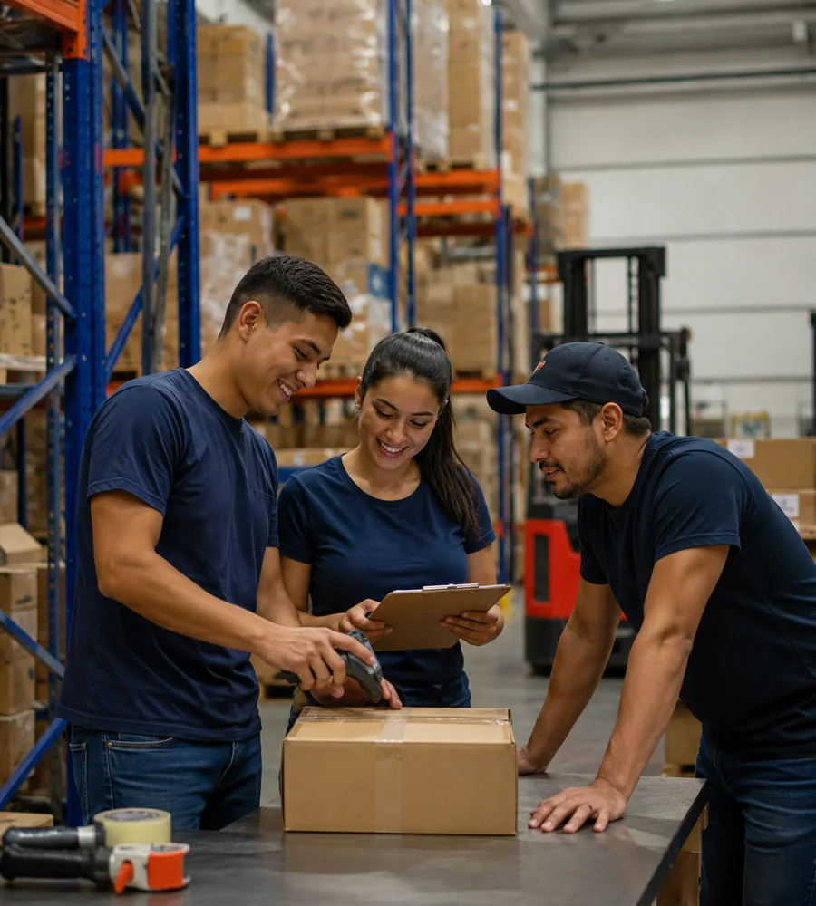 Equipo de JS Express Cargo revisando un paquete en el almac&eacute;n